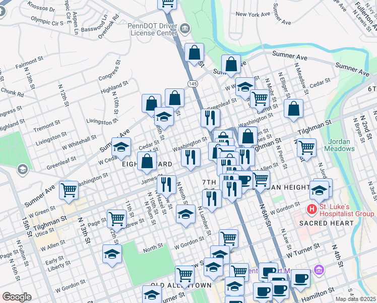 map of restaurants, bars, coffee shops, grocery stores, and more near 739 North Eighth Street in Allentown