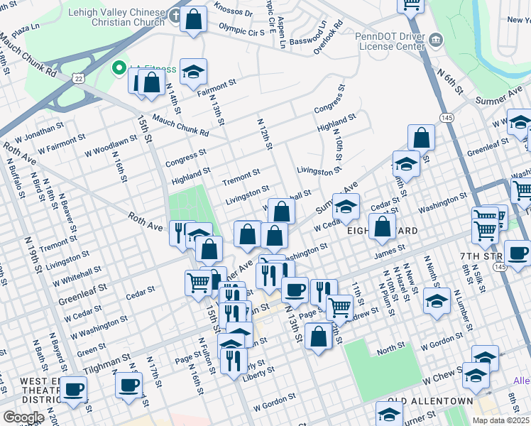 map of restaurants, bars, coffee shops, grocery stores, and more near 1228 West Whitehall Street in Allentown