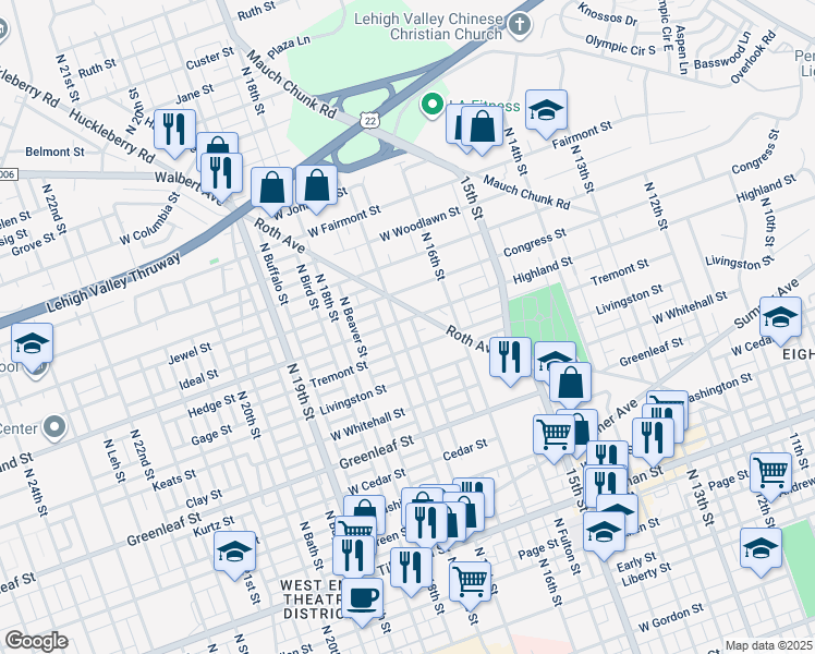 map of restaurants, bars, coffee shops, grocery stores, and more near 1045-1051 North 17th Street in Allentown