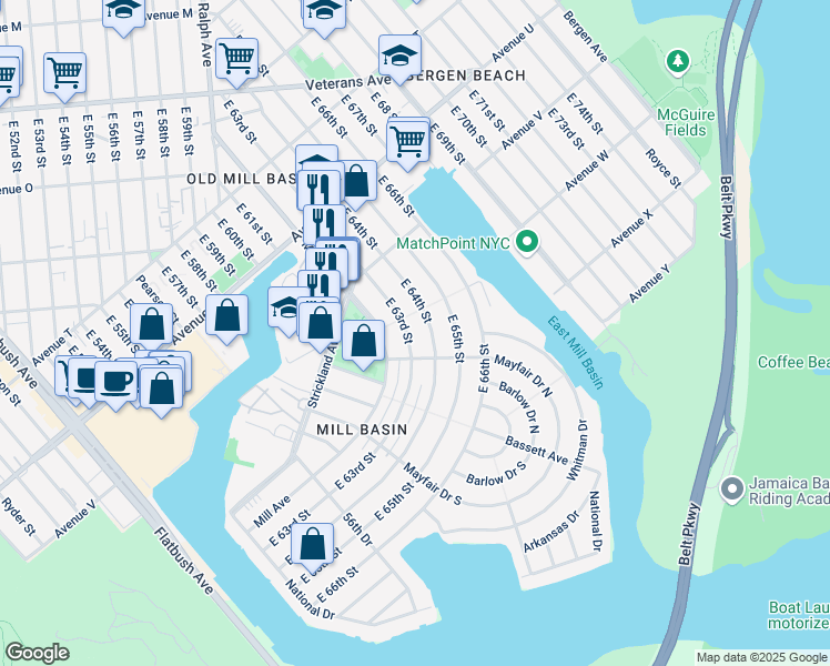map of restaurants, bars, coffee shops, grocery stores, and more near 2323 East 63rd Street in Brooklyn