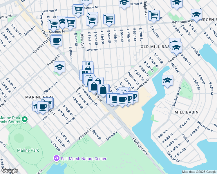 map of restaurants, bars, coffee shops, grocery stores, and more near 1883 E 53rd St in Brooklyn