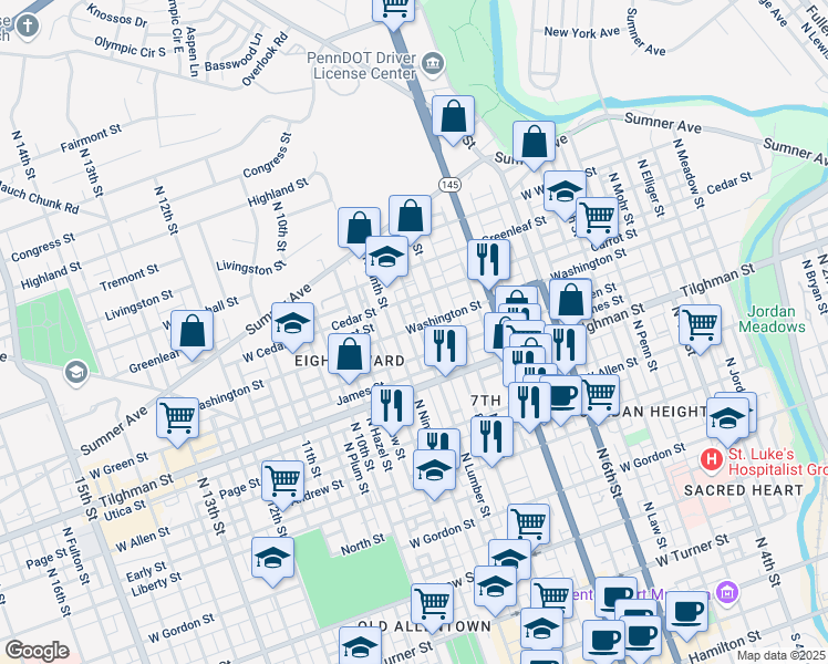 map of restaurants, bars, coffee shops, grocery stores, and more near 758 North Lumber Street in Allentown