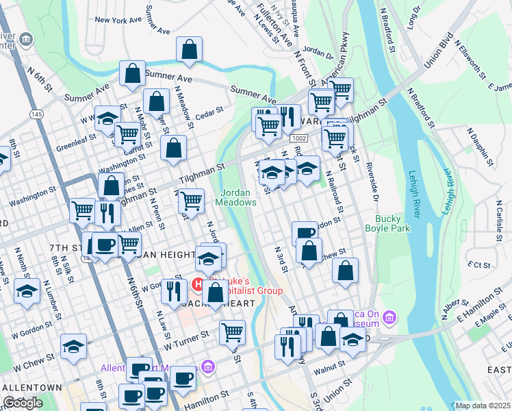 map of restaurants, bars, coffee shops, grocery stores, and more near 512 North 3rd Street in Allentown