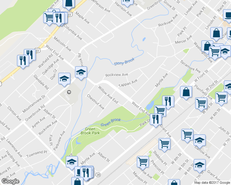 map of restaurants, bars, coffee shops, grocery stores, and more near 151 West End Avenue in North Plainfield