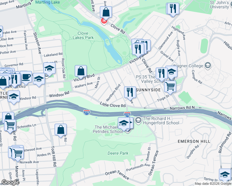 map of restaurants, bars, coffee shops, grocery stores, and more near 2 Dobbs Place in Staten Island