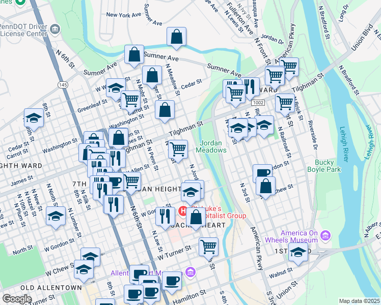 map of restaurants, bars, coffee shops, grocery stores, and more near 551 N Jordan St in Allentown
