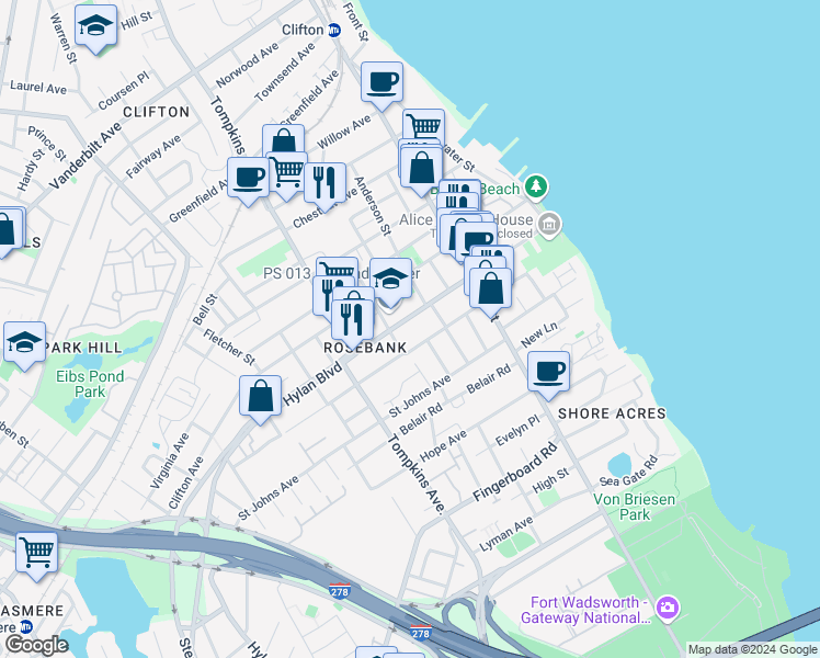 map of restaurants, bars, coffee shops, grocery stores, and more near 192 Hylan Blvd in Staten Island