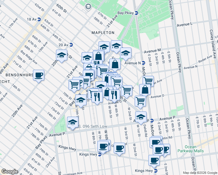 map of restaurants, bars, coffee shops, grocery stores, and more near 65th Street & 23rd Avenue in Brooklyn
