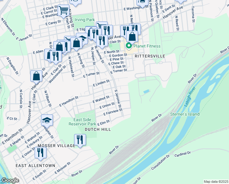 map of restaurants, bars, coffee shops, grocery stores, and more near 12 South Jerome Street in Allentown