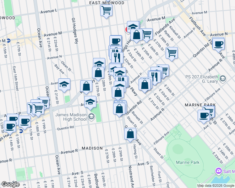 map of restaurants, bars, coffee shops, grocery stores, and more near Madison Place in Brooklyn