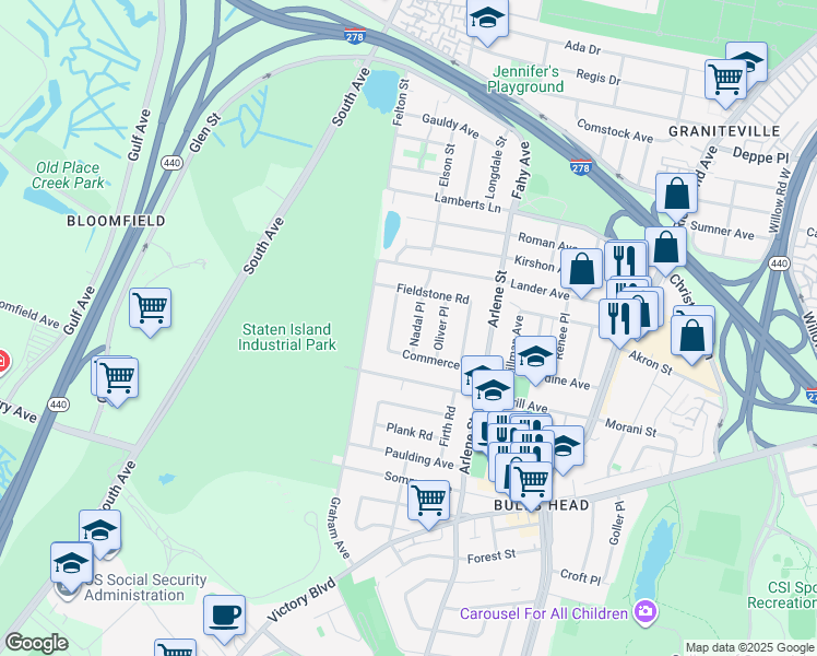 map of restaurants, bars, coffee shops, grocery stores, and more near 40 Nadal Pl in Staten Island