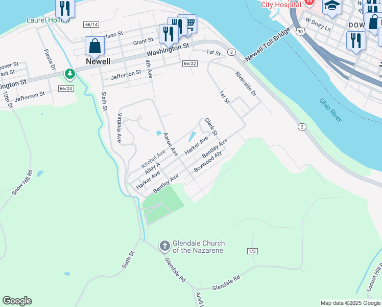 map of restaurants, bars, coffee shops, grocery stores, and more near 327 Harker Avenue in Newell