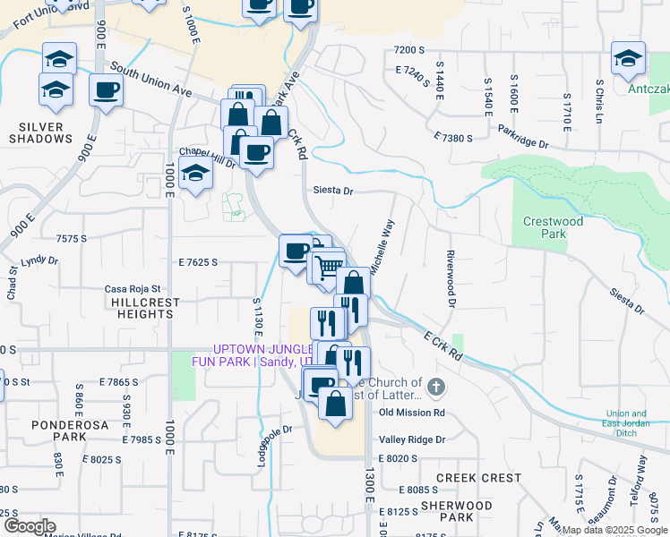 map of restaurants, bars, coffee shops, grocery stores, and more near 7582 Union Park Avenue in Midvale