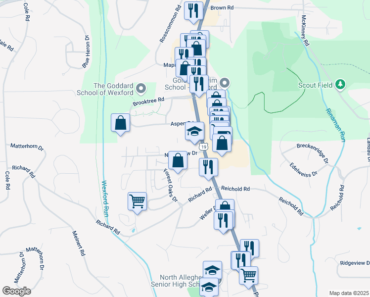 map of restaurants, bars, coffee shops, grocery stores, and more near 100 North Meadow Drive in Wexford