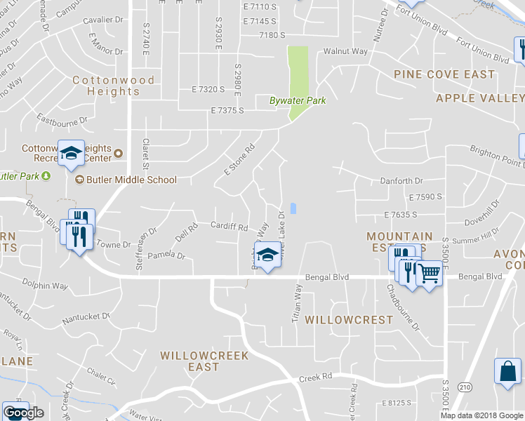map of restaurants, bars, coffee shops, grocery stores, and more near 7626 Brighton Way in Cottonwood Heights
