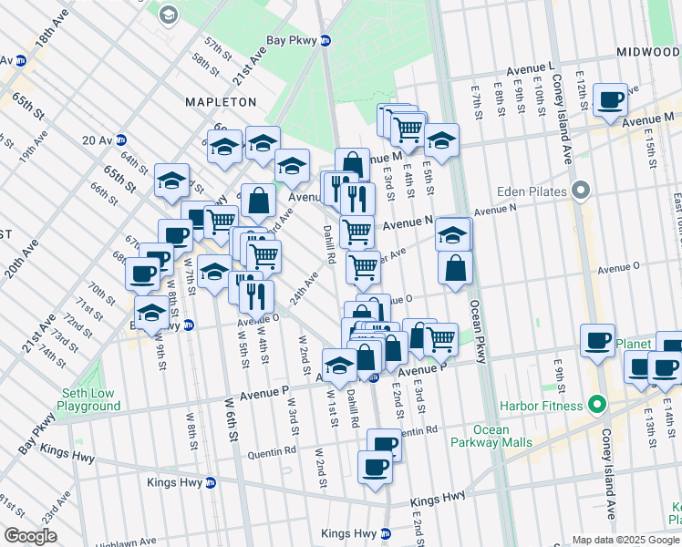 map of restaurants, bars, coffee shops, grocery stores, and more near 1451 Dahill Road in Brooklyn