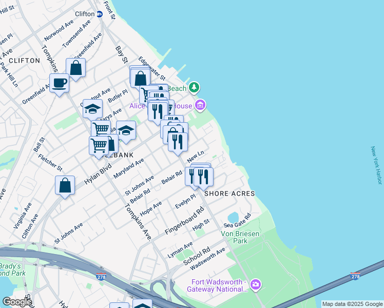 map of restaurants, bars, coffee shops, grocery stores, and more near 29 New Lane in Staten Island