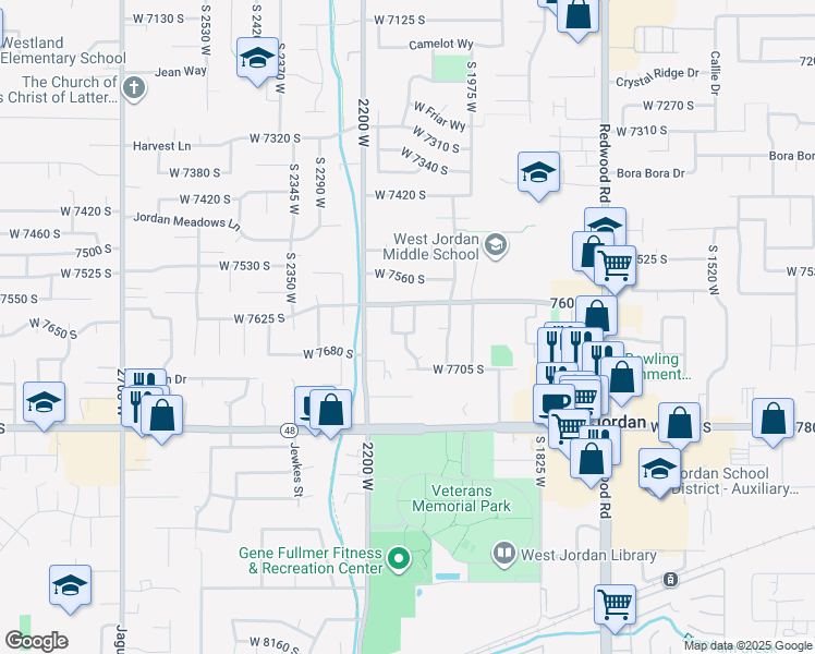 map of restaurants, bars, coffee shops, grocery stores, and more near 2097 Tolkin Avenue in West Jordan
