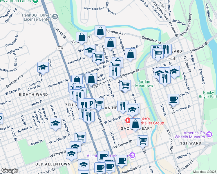 map of restaurants, bars, coffee shops, grocery stores, and more near 630 North Penn Street in Allentown