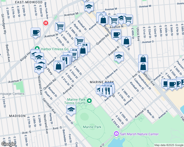 map of restaurants, bars, coffee shops, grocery stores, and more near 1814 East 36th Street in Brooklyn