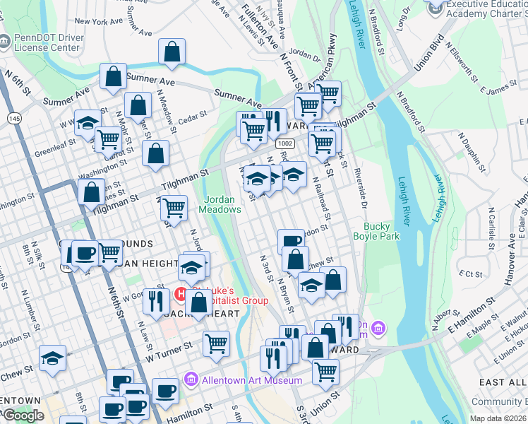 map of restaurants, bars, coffee shops, grocery stores, and more near 504 North 2nd Street in Allentown