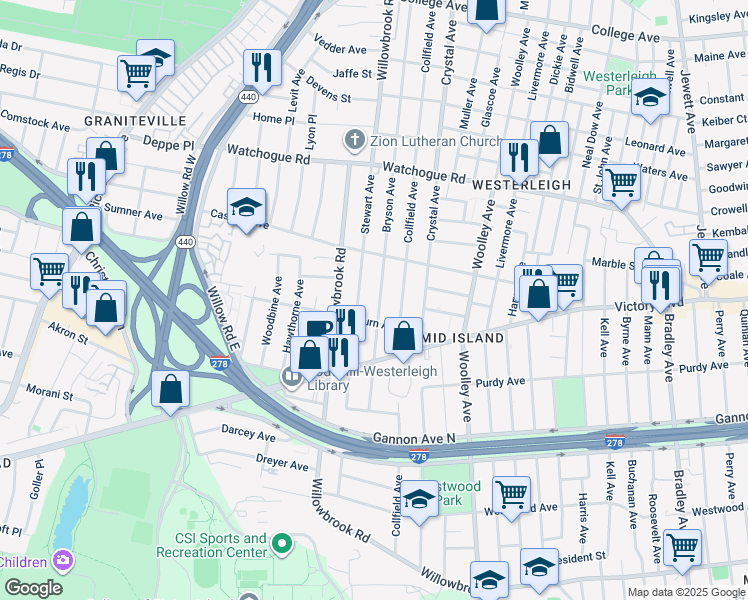 map of restaurants, bars, coffee shops, grocery stores, and more near 348 Bryson Avenue in Staten Island