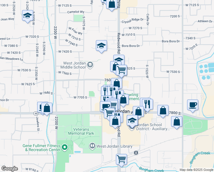 map of restaurants, bars, coffee shops, grocery stores, and more near 1801 West 7600 South in West Jordan