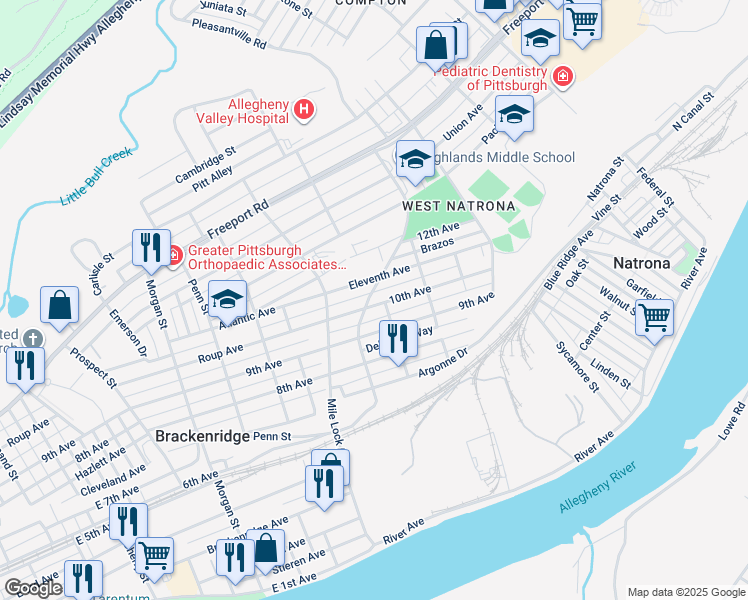 map of restaurants, bars, coffee shops, grocery stores, and more near 1253 10th Avenue in Natrona Heights