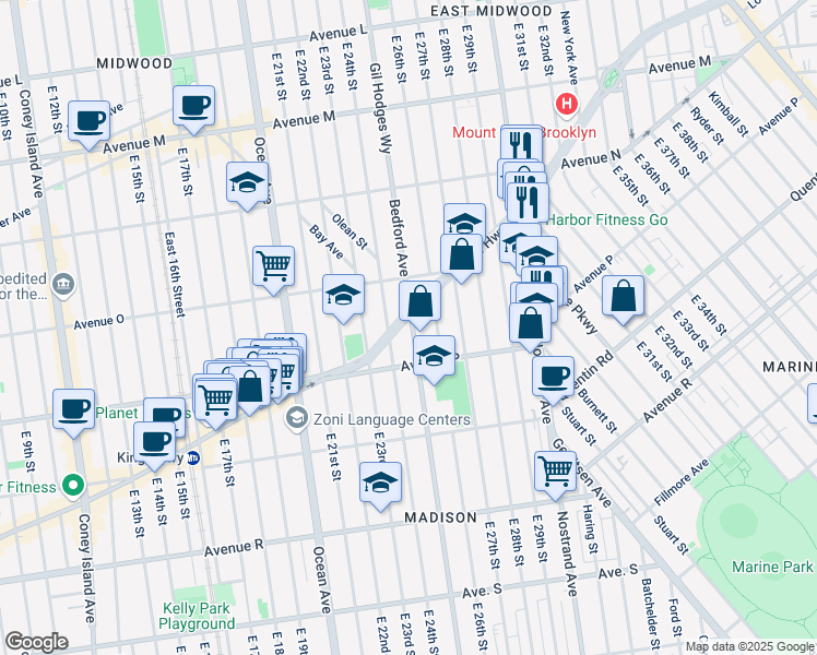map of restaurants, bars, coffee shops, grocery stores, and more near 1566 East 26th Street in Brooklyn