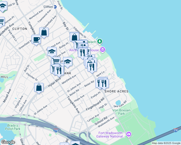 map of restaurants, bars, coffee shops, grocery stores, and more near 1256 Bay Street in Staten Island