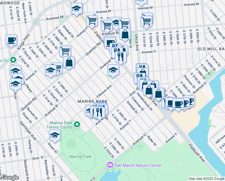 map of restaurants, bars, coffee shops, grocery stores, and more near 1917 Ryder Street in Brooklyn