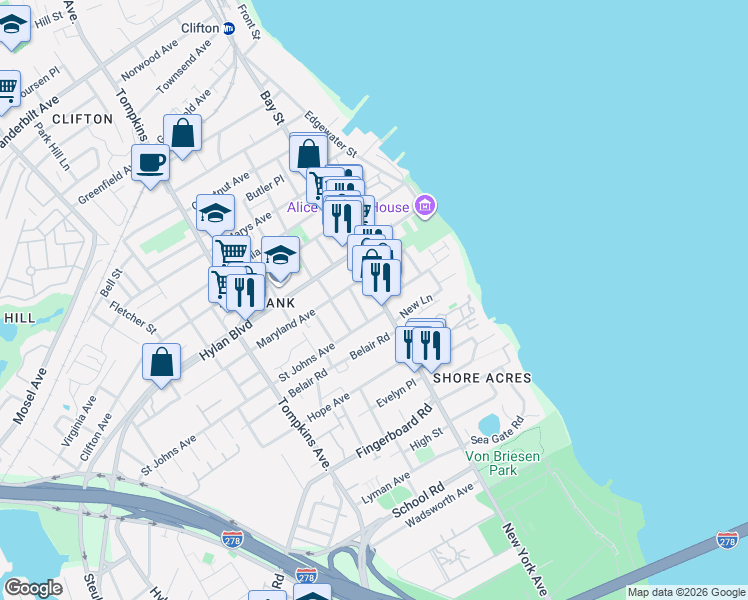 map of restaurants, bars, coffee shops, grocery stores, and more near 1256 Bay Street in Staten Island