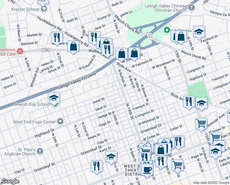 map of restaurants, bars, coffee shops, grocery stores, and more near 1922 Pennsylvania Street in Allentown