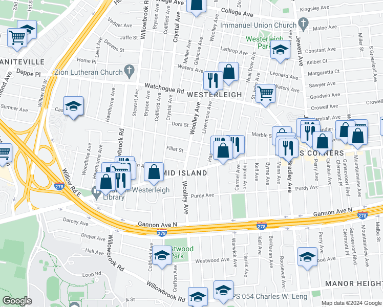 map of restaurants, bars, coffee shops, grocery stores, and more near 455 Woolley Avenue in Staten Island