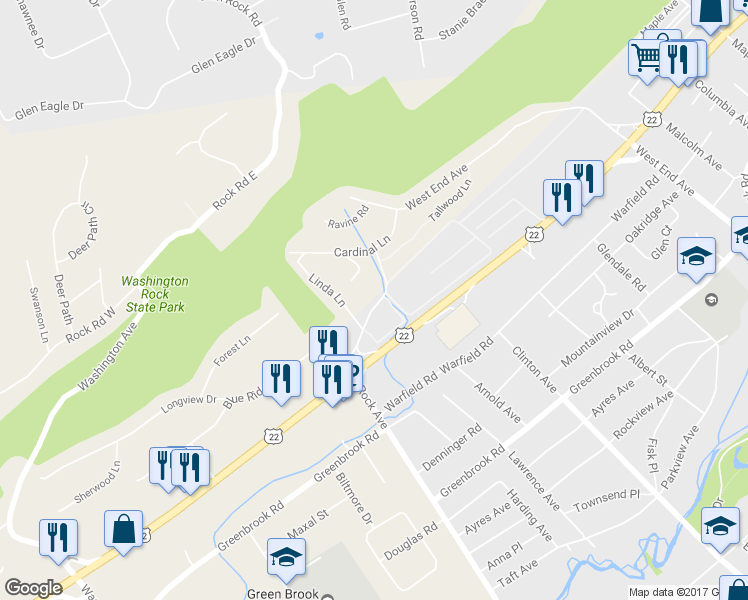 map of restaurants, bars, coffee shops, grocery stores, and more near 1291 Rock Avenue in North Plainfield