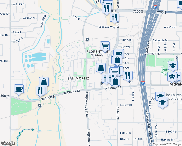 map of restaurants, bars, coffee shops, grocery stores, and more near 860 Capraia Court in Midvale
