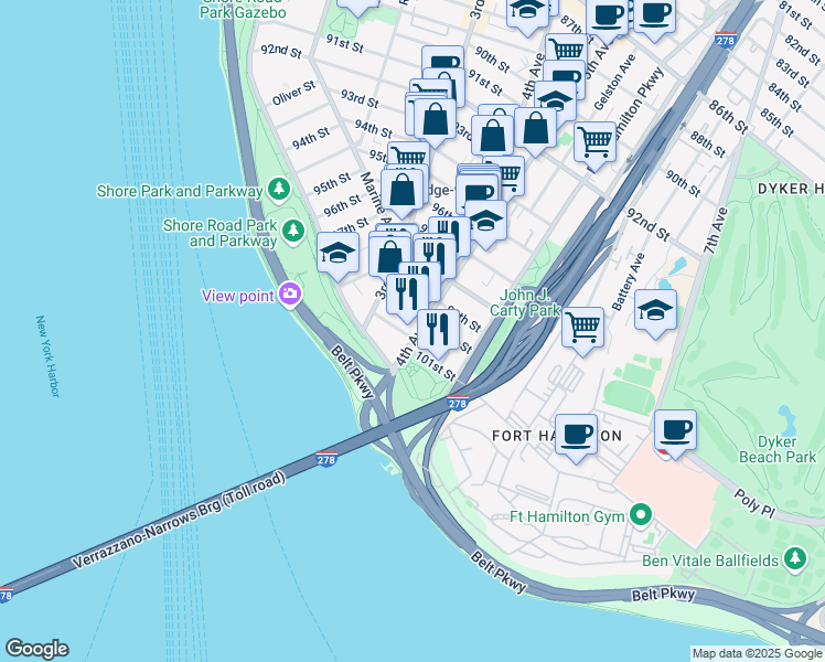 map of restaurants, bars, coffee shops, grocery stores, and more near 10016 4th Avenue in Brooklyn