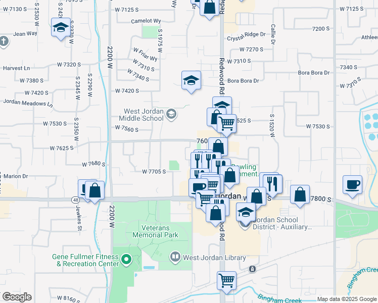 map of restaurants, bars, coffee shops, grocery stores, and more near 1801 West 7600 South in West Jordan