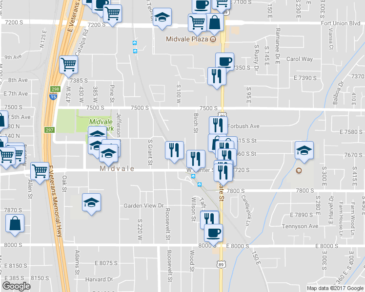 map of restaurants, bars, coffee shops, grocery stores, and more near 7646 85 West in Midvale