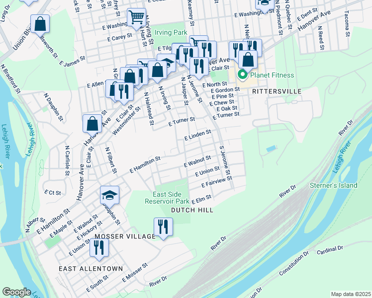 map of restaurants, bars, coffee shops, grocery stores, and more near 915 East Hamilton Street in Allentown