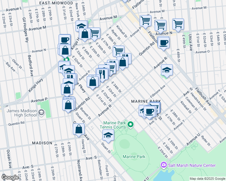 map of restaurants, bars, coffee shops, grocery stores, and more near 1743 East 33rd Street in Brooklyn