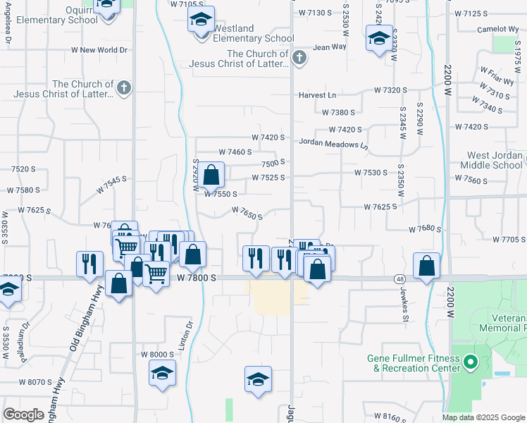 map of restaurants, bars, coffee shops, grocery stores, and more near 2804 West 7650 South in West Jordan