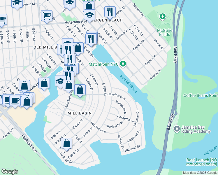 map of restaurants, bars, coffee shops, grocery stores, and more near 2 Whitman Drive in Brooklyn