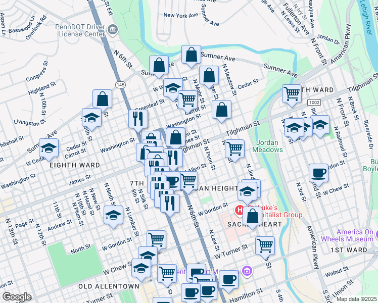 map of restaurants, bars, coffee shops, grocery stores, and more near 512 Tilghman Street in Allentown