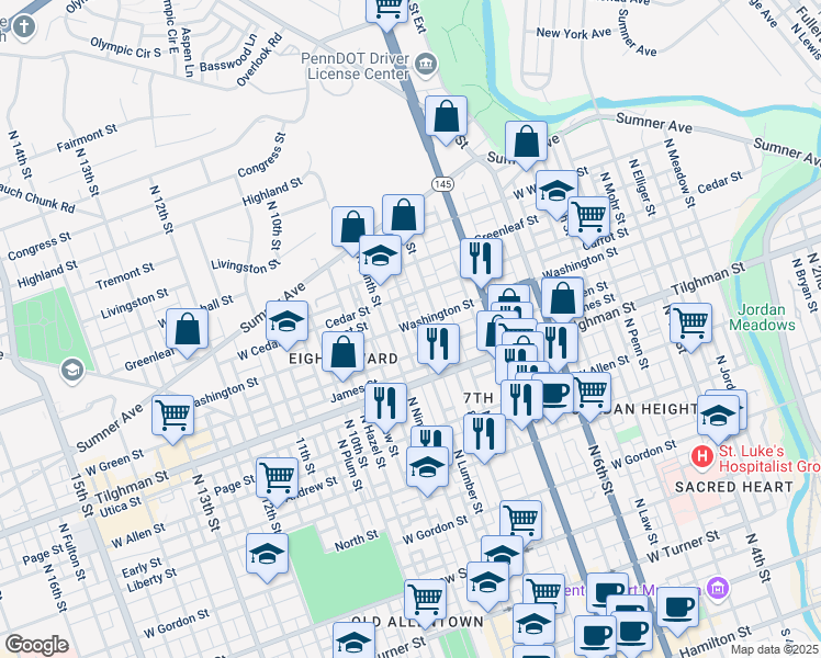 map of restaurants, bars, coffee shops, grocery stores, and more near 758 North Lumber Street in Allentown