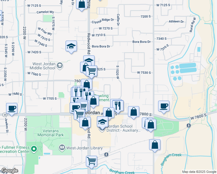 map of restaurants, bars, coffee shops, grocery stores, and more near 7632 Sunrise Place East in West Jordan