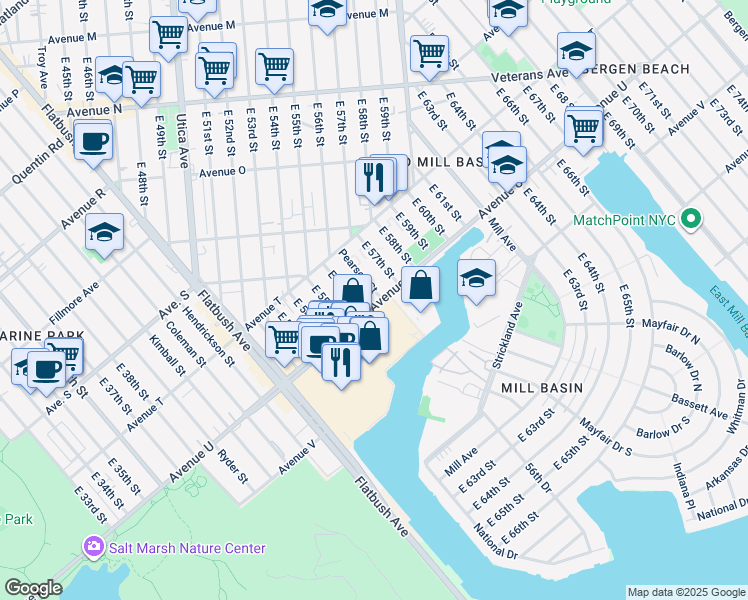 map of restaurants, bars, coffee shops, grocery stores, and more near 2082 Pearson Street in Brooklyn
