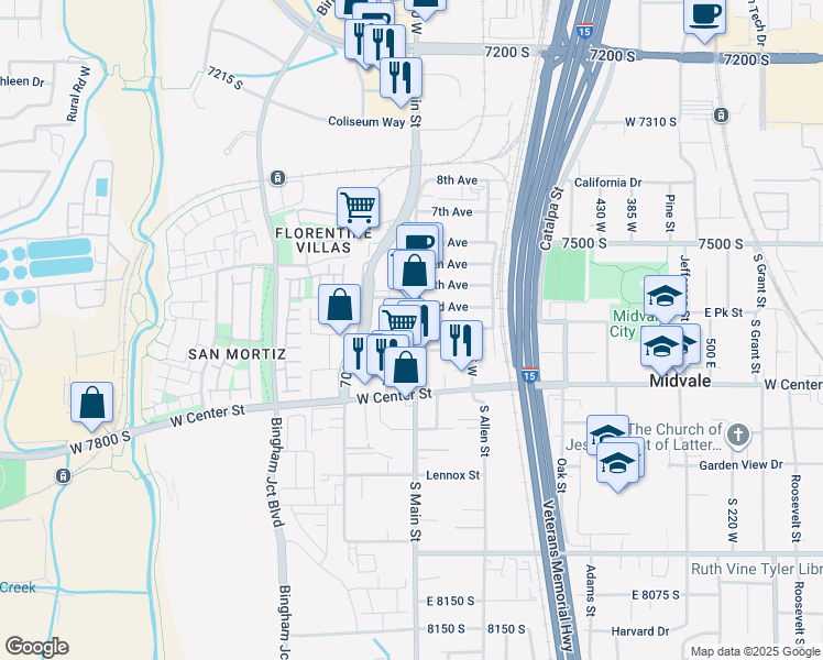 map of restaurants, bars, coffee shops, grocery stores, and more near 7638 South Main Street in Midvale