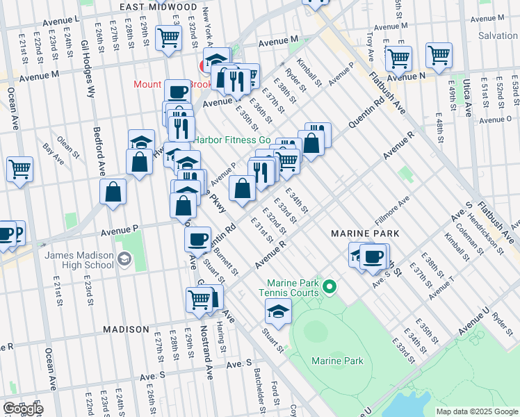 map of restaurants, bars, coffee shops, grocery stores, and more near 3120 Quentin Road in Brooklyn