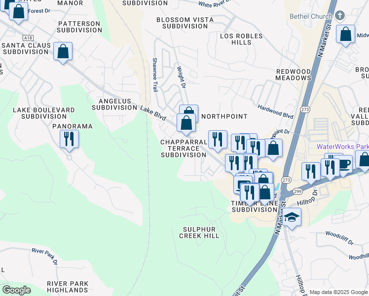 map of restaurants, bars, coffee shops, grocery stores, and more near 453 Buckeye Terrace in Redding